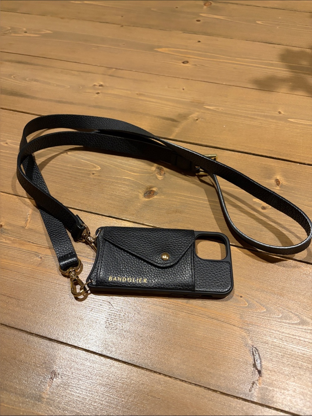 Bandolier Black Leather Crossbody iPhone Case with Gold Hardware and Card Pocket